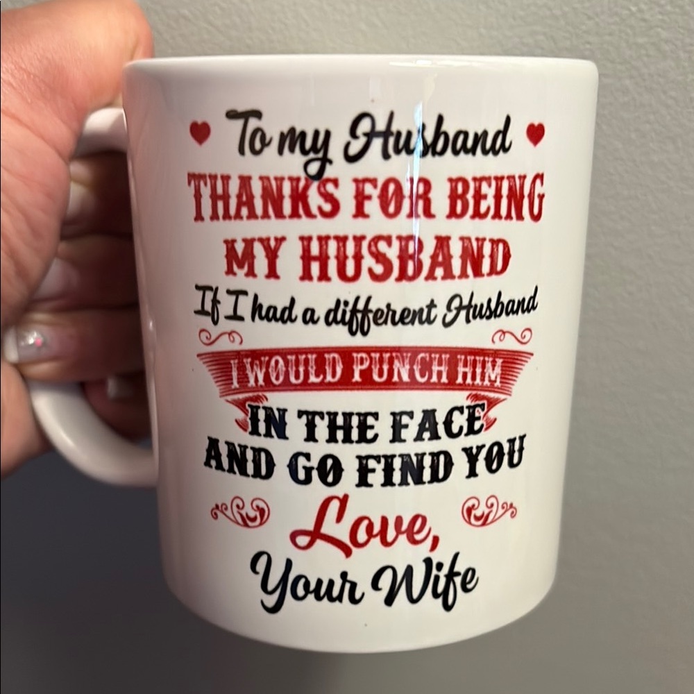 White Ceramic Mug with Red and Black Text